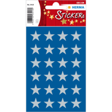 Blauer Stickerbogen mit 24 weißen Sternen in verschiedenen Positionen. Verpackt unter der Marke Herma.