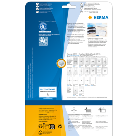 Rückseite einer Verpackung für Etiketten von HERMA, mit Anweisungen, QR-Code und Informationen zur Software.