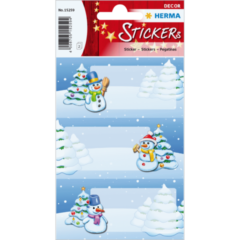 Weihnachtliche Aufkleber mit Schneemännern und Tannenbäumen auf einem blauen Hintergrund, dekoriert mit Schneeflocken.