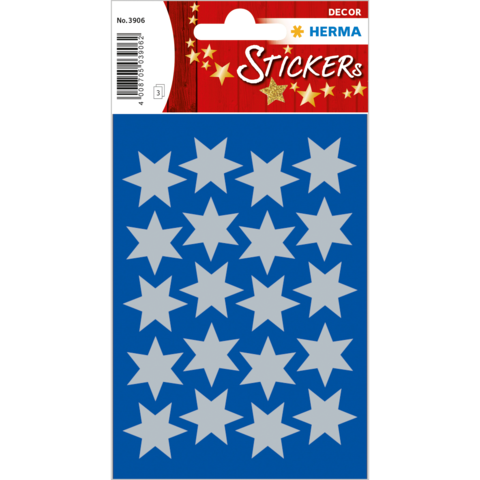 Blaue Sticker mit silbernen Sternen in verschiedenen Größen auf einem dekorativen Hintergrund.