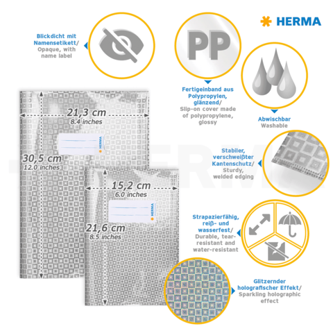 Transparente, abwischbare Hüllen aus Polypropylen mit stabiler Kante, in verschiedenen Größen, wasserfest und mit holografischem Effekt.
