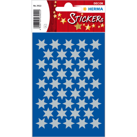 Blaues Stickerblatt mit 48 grauen Sternen in verschiedenen Größen. Ideal für Dekoration und Bastelprojekte.