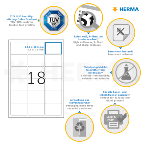 Etikettenblatt mit 18 Etiketten, Größenangabe 63,5 x 46,6 mm, Informationen zu Haftfähigkeit und Druckkompatibilität.