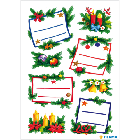 Weihnachtliche Aufkleber mit leeren Feldern zum Beschriften, umgeben von Tannenzweigen, Kerzen, Sternen und festlichen Dekorationen.
