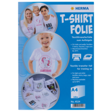 T-Shirt Transferfolie in A4-Größe, geeignet für helle und weiße Textilien. Enthält Anwendungsbeispiele und Pflegehinweise.