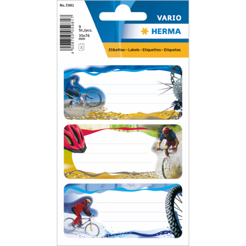 Bunte Etiketten mit Fahrradfahrern in verschiedenen Szenen, geeignet zum Beschriften von Gegenständen.