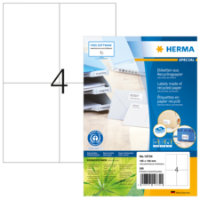 Etiketten aus Recyclingpapier in einer Verpackung, mit Angaben zu Software und Anwendung. Enthält 90 Etiketten in der Größe 105 x 148 mm.