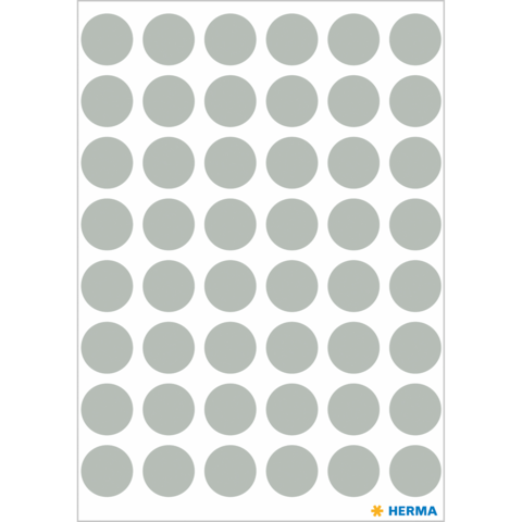 Graue runde Aufkleber auf einem weißen Blatt, gleichmäßig in einem Raster angeordnet.