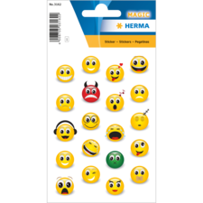 Aufkleber mit verschiedenen gelben Emojis, darunter lächelnde, wütende und verliebte Gesichter, sowie ein grünes und ein blaues Emoji.