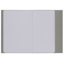 Grau gebundenes Heft mit kariertem Papier, das aufgeschlagen ist und leere Seiten zeigt.