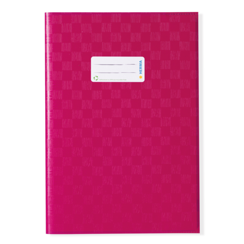 Rosa Heft mit einem strukturierten Muster und einem weißen Etikett auf der Vorderseite, das Platz für eine Beschriftung bietet.