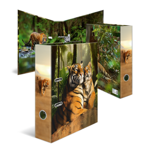 Map met tijgerontwerpen, waaronder een paar tijgers en een jong in een jungleomgeving.