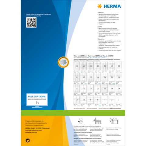 HERMA Produktinformation mit QR-Code, Software-Hinweis und Kalenderübersicht. Enthält Details zu Etiketten und Dienstleistungen.