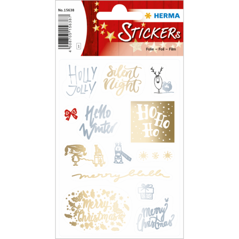 Weihnachtliche Aufkleber mit Texten wie "Holly Jolly", "Silent Night" und "Merry Christmas" in verschiedenen Farben und Designs.