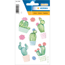 Bunte Aufkleber mit verschiedenen Kakteen und Sukkulenten in Töpfen, in pastellfarbenen Designs und unterschiedlichen Formen.
