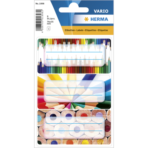 Bunte Etiketten in verschiedenen Designs, einschließlich Bleistiften und Farbkugeln, verpackt in einer transparenten Hülle.