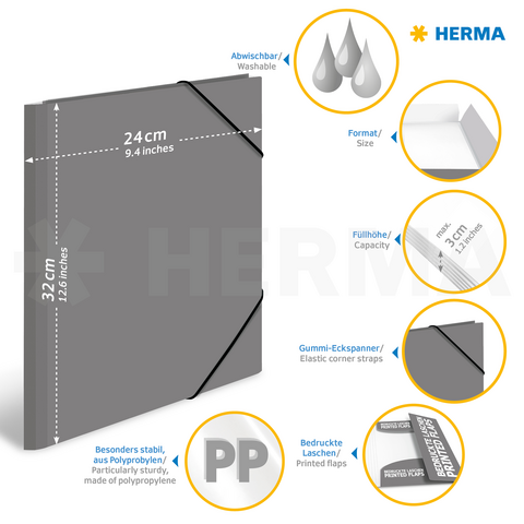 Grijze map met elastische hoeken, afwasbaar, 24 cm x 32 cm, van polypropyleen, met bedrukte tabs en een stevige constructie.