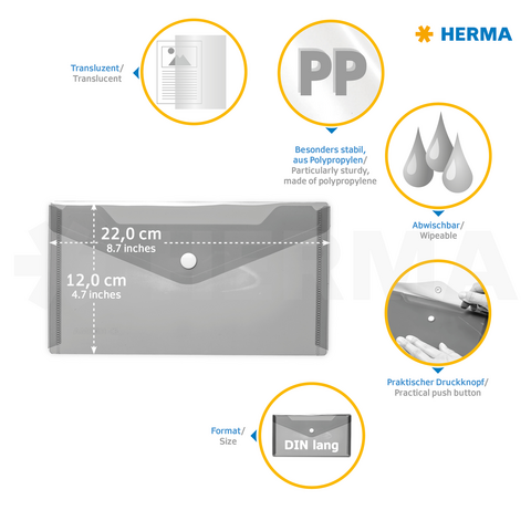 Transparante, stabiele polypropyleen map met drukknoop, formaat DIN lang, afwasbaar, afmetingen 22 cm x 12 cm.