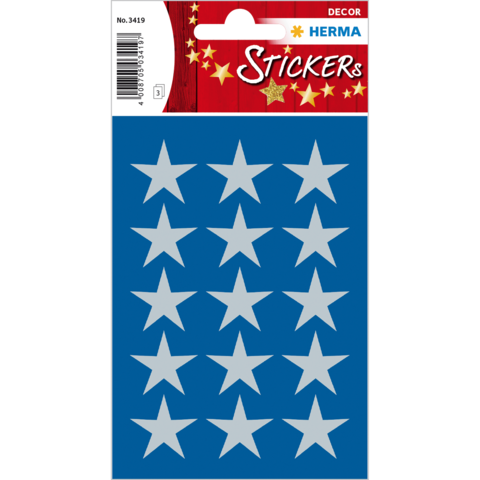 Silberne Sternaufkleber auf blauer Hintergrundkarte, 16 Stück in verschiedenen Positionen angeordnet.