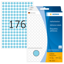 Blaues Etikettenblatt mit 32 runden Haftetiketten, Durchmesser 8 mm, verpackt in einer transparenten Hülle.