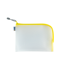 Transparente Tasche mit gelbem Reißverschluss und grauem Zugband, geeignet für die Aufbewahrung von kleinen Gegenständen.
