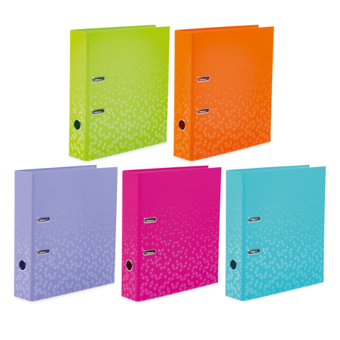 Vijf gekleurde mappen in verschillende kleuren: groen, oranje, paars, roze en turquoise, met een gestructureerd ontwerp en twee metalen klemmen.