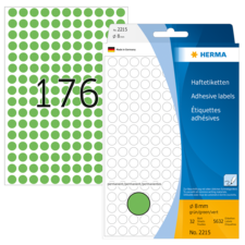 Grüne Haftetiketten auf einer Verpackung, mit der Nummer 2215 und 32 runden Etiketten pro Blatt, Durchmesser 8 mm.