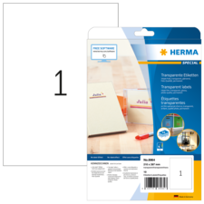 Transparente Etiketten von HERMA, Packung mit 10 Etiketten, geeignet für verschiedene Anwendungen, inklusive Softwarehinweis.