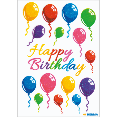 Bunte Luftballons in verschiedenen Farben umgeben den Schriftzug "Happy Birthday" in leuchtenden Buchstaben.