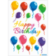Bunte Luftballons in verschiedenen Farben umgeben den Schriftzug "Happy Birthday" in leuchtenden Buchstaben.