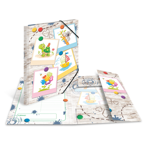 Ein Ordner mit bunten Tierillustrationen und einem Notizblock, dekoriert mit bunten Magneten und einem verspielten Design.