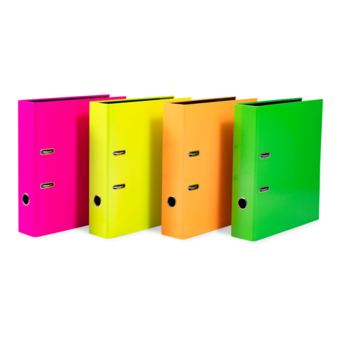 Vier gekleurde mappen in roze, geel, oranje en groen, rechtopstaand, met twee gaten aan de voorkant.