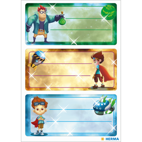 Drei bunte Etiketten mit Charakteren: ein Wissenschaftler mit einem Trank, ein Junge mit einer Brille und ein weiterer Junge mit einem Roboter.