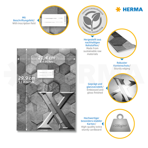 Hoogwaardige karton met een hexagonaal patroon, beschrijfbaar veld en stevige rand. Bevat informatie over materiaal en afmetingen.