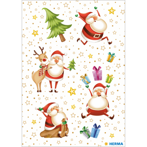 Weihnachtsmänner in verschiedenen Posen, ein Rentier, Geschenke und Tannenbäume auf einem festlichen Hintergrund mit Sternen.