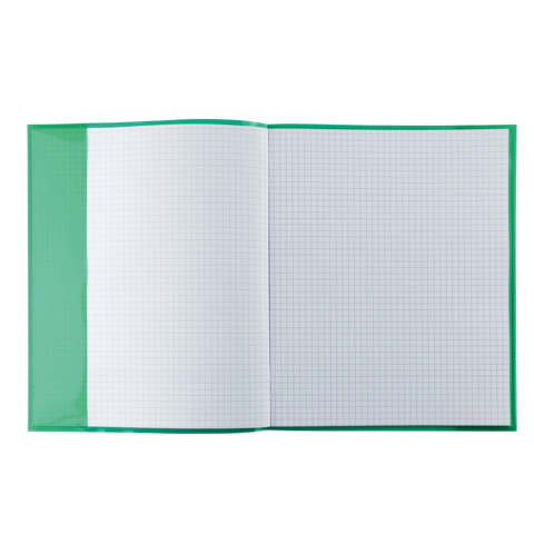 Ein offenes kariertes Notizbuch mit einem grünen Einband, das leere Seiten zeigt.