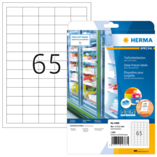 Tiefkühl-Etiketten-Packung mit der Nummer 65, inklusive Software-Hinweis und Abbildung von gefrorenen Lebensmitteln.