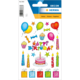 Bunte Geburtstagsaufkleber mit Luftballons, Geschenken, Bonbons, Kerzen und einer Torte, die den Text „Happy Birthday“ zeigen.