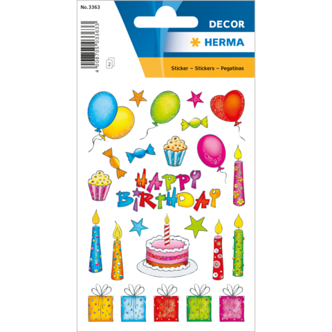 Bunte Geburtstagsaufkleber mit Luftballons, Geschenken, Bonbons, Kerzen und einer Torte, die den Text „Happy Birthday“ zeigen.