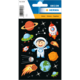Raumfahrt-Sticker mit einem Astronauten, Planeten, Raumschiffen, Asteroiden und der Erde auf einem schwarzen Hintergrund.