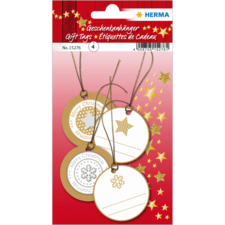 Geschenkanhänger in verschiedenen Designs, darunter goldene und silberne Sterne, mit Platz für persönliche Nachrichten.