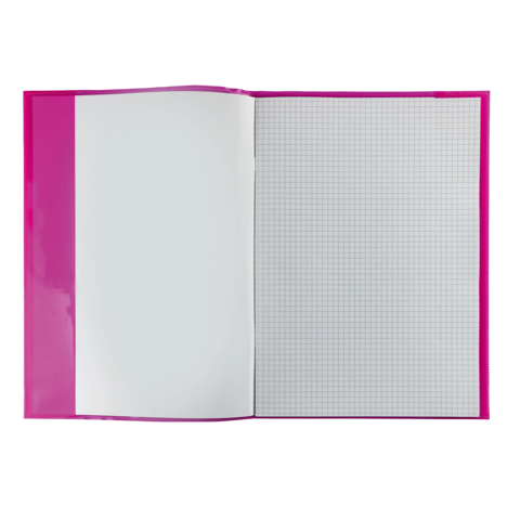 Ein geöffnetes Notizbuch mit einer leeren weißen Seite auf der linken Seite und kariertem Papier auf der rechten Seite.