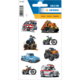 Aufkleber mit verschiedenen Fahrzeugen, darunter ein Feuerwehrwagen, ein Traktor, ein Motorrad, ein Oldtimer und ein Krankenwagen.