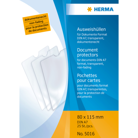 Dokumentenschutzhüllen für DIN A7, transparent und dokumentenecht, 25 Stück, 80 x 115 mm, von der Marke Herma.