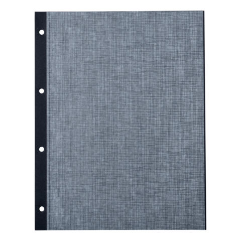 Graues Ringbuch mit strukturiertem Cover und mehreren Löchern auf der linken Seite für die Ablage von Blättern.