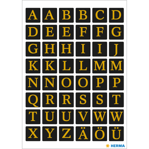 Alphabetische Buchstabentafel mit großen, gelben Buchstaben auf schwarzem Hintergrund, einschließlich deutscher Umlaute Ä, Ö und Ü.