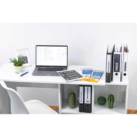 Schreibtisch mit Laptop, Dokumenten und Ordnern. Pflanzen und ein Bilderrahmen ergänzen die Büroeinrichtung.