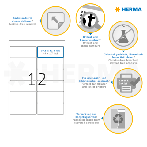 Selbstklebende Etiketten mit den Maßen 99,1 x 42,3 mm, geeignet für Laser- und Tintenstrahldrucker, umweltfreundliche Verpackung.
