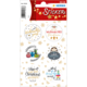 Weihnachtsaufkleber mit verschiedenen Motiven und Sprüchen, darunter Geschenke, Weihnachtskind und festliche Grüße.