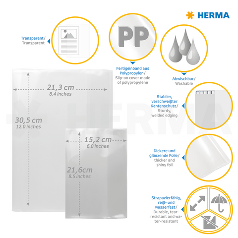 Transparante polypropyleen hoezen in verschillende maten, afwasbaar en duurzaam, met stevige randen en waterdicht materiaal.